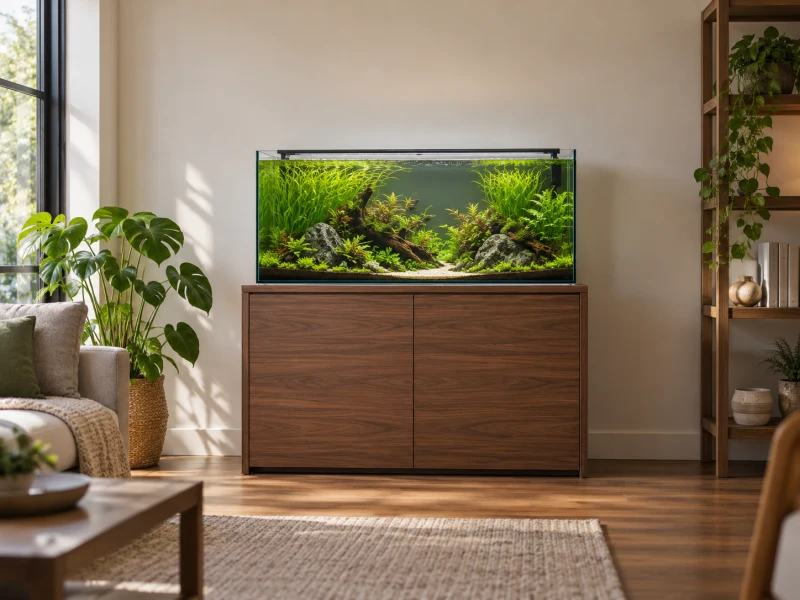 A planted aquarium on a cabinet illustrates planning for aquarium filters.