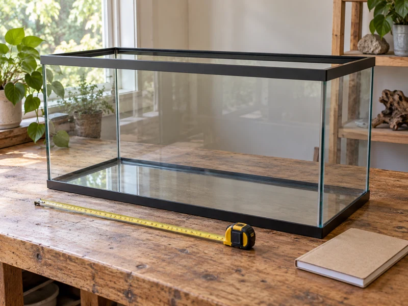 An empty aquarium and tape measure illustrate checking a 29-gallon aquarium footprint.