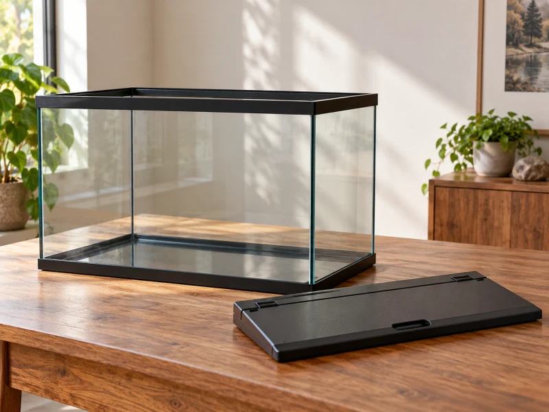An empty tank and detached generic lid illustrate planning aquarium hood access.