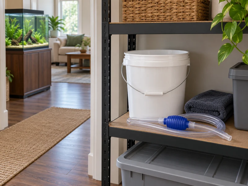 A clean bucket, towel and manual siphon sit beside a clear household route.
