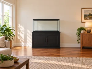 An empty rectangular aquarium and cabinet illustrate 29-gallon aquarium room planning.