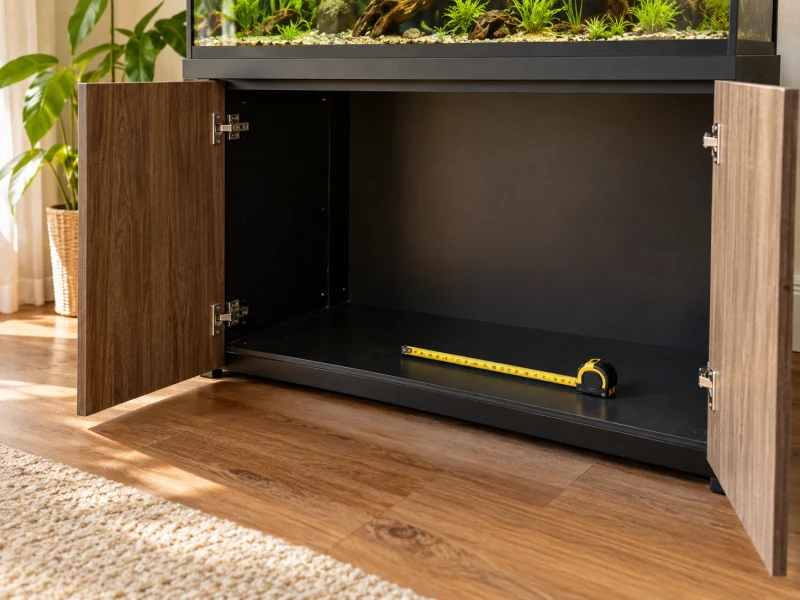 An empty cabinet and tape measure illustrate planning service access for a Fluval 107.