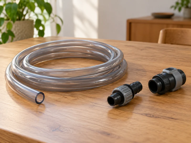 Disconnected generic aquarium hose and fittings lie on a dry table.