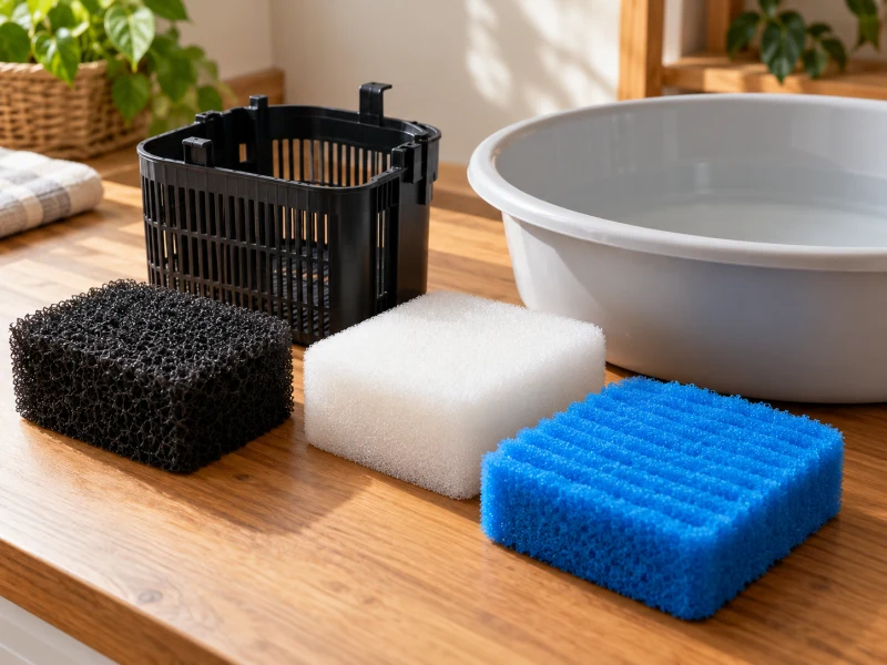 Separate generic sponges, a basket and basin illustrate filter-media care planning.