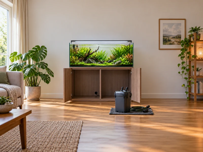 A generic canister beside an open cabinet illustrates Fluval 107 installation planning.