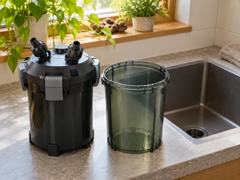 A generic disconnected canister stands beside an empty sink and basin.