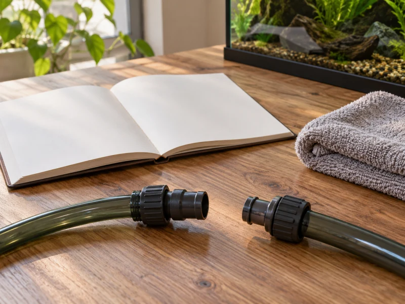 Blank pages, disconnected generic hoses and a towel illustrate filter-maintenance records.