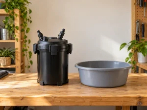 A generic canister and basin illustrate planning a Fluval FX2 service workspace.