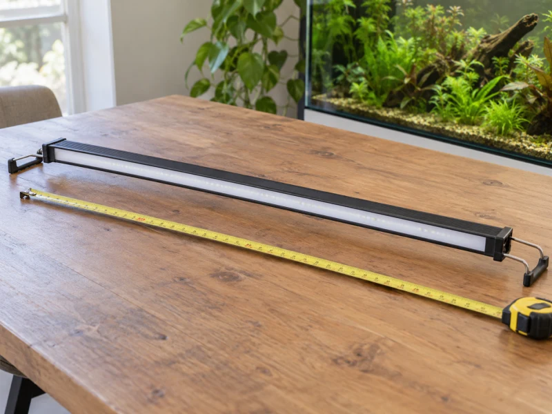 A generic detached LED bar and tape measure illustrate Fluval Plant 4.0 mounting checks.