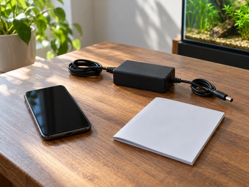 A dark-screen phone, generic transformer and blank manual illustrate lighting-control preparation.