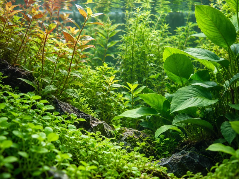 Aquatic leaves at different heights illustrate shading within a planted aquarium.
