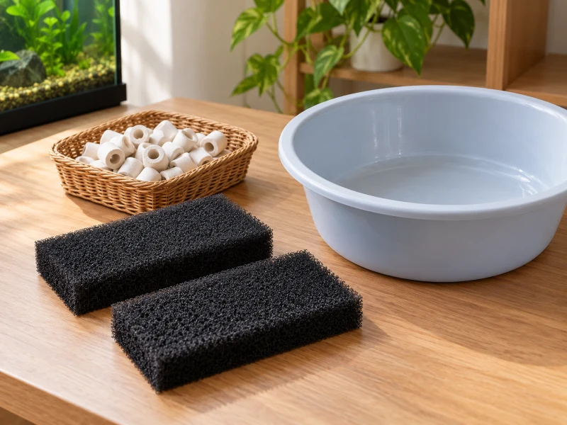 Separate generic foam pads, ceramic rings and a basin illustrate internal-filter care planning.