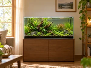 A planted aquarium with a clear side wall illustrates Fluval U2 and U3 layout planning.