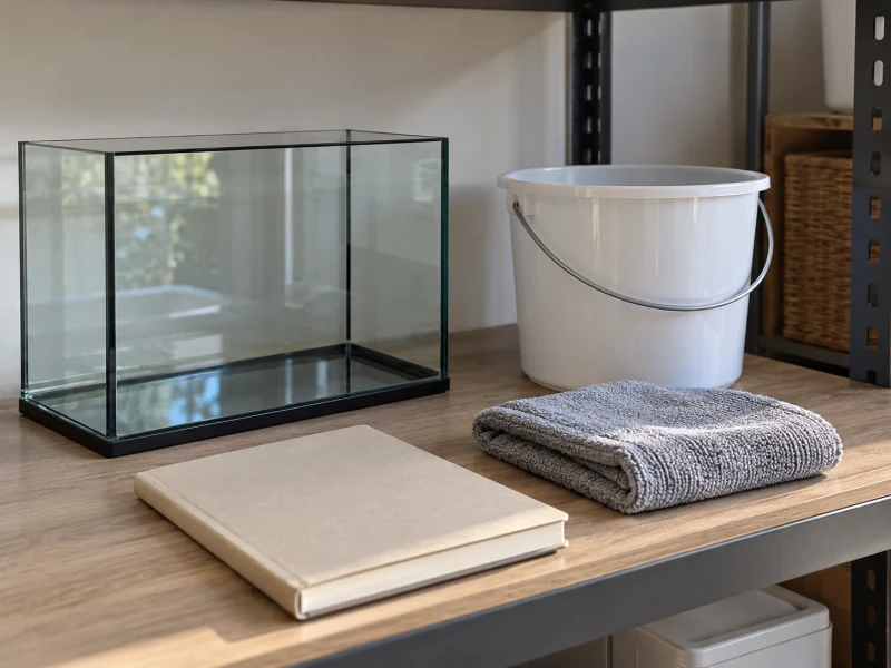 A blank notebook, clean bucket and towel illustrate planning small-display upkeep.