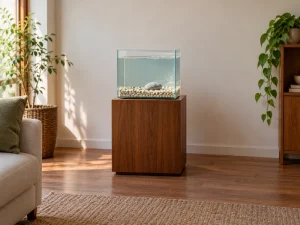 An unstocked generic cube aquarium illustrates Fluval Chi display planning.