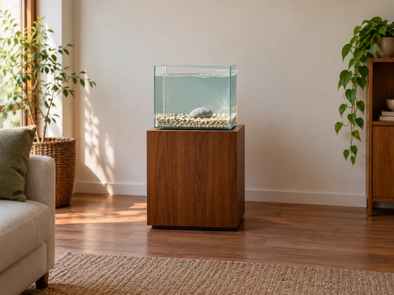 An unstocked generic cube aquarium illustrates Fluval Chi display planning.