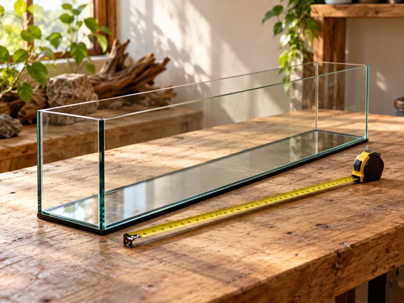 An empty narrow aquarium and tape measure illustrate Fluval Spec V space checks.