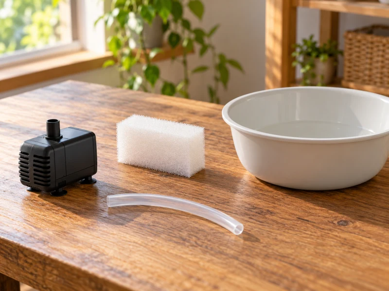A generic disconnected pump, loose tube, foam block and basin sit separately on a table.