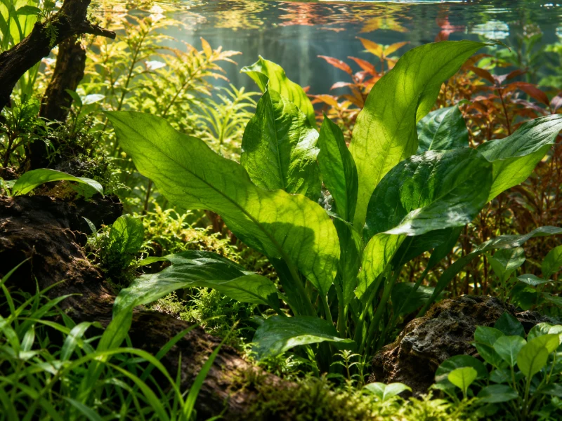 Broad aquatic leaves at different heights illustrate shading in a small planted tank.