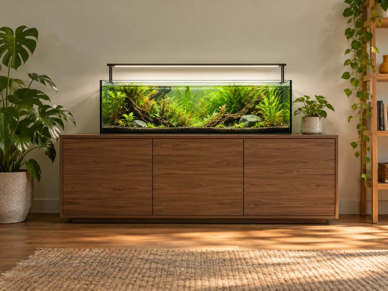 A narrow planted aquarium illustrates Fluval Spec V kit planning.