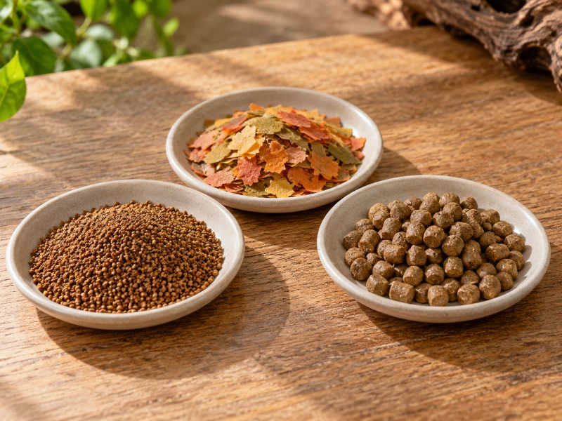 Separate generic granules, flakes and pellets illustrate Fluval Bug Bites format comparisons.