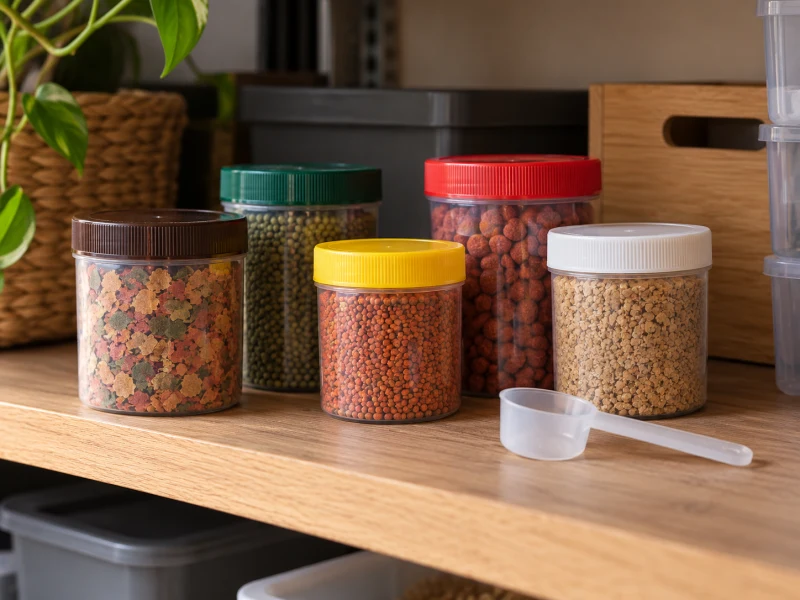 Closed generic fish-food tubs and a dry scoop illustrate protected storage.