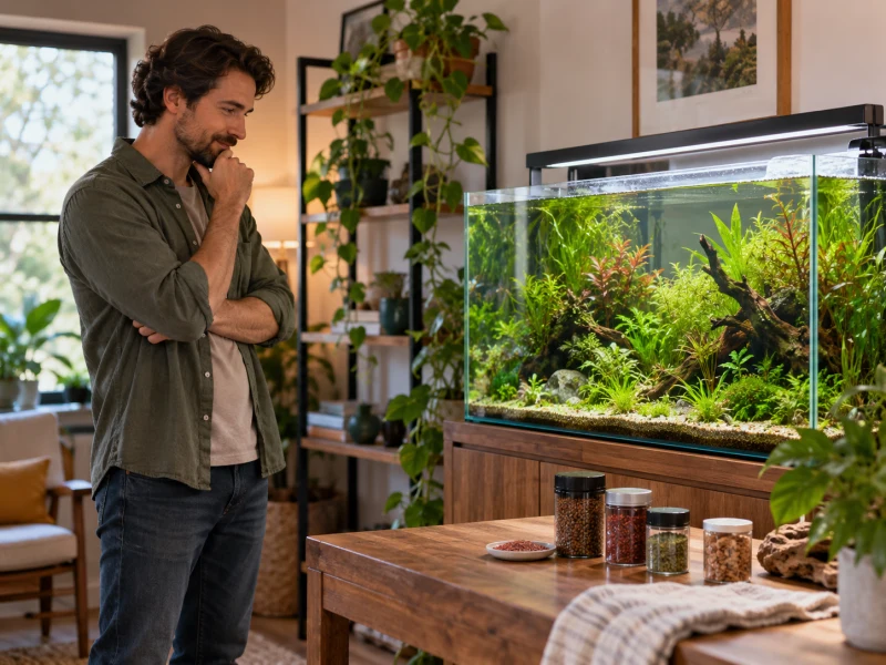 An adult observes a planted aquarium from outside without adding food.