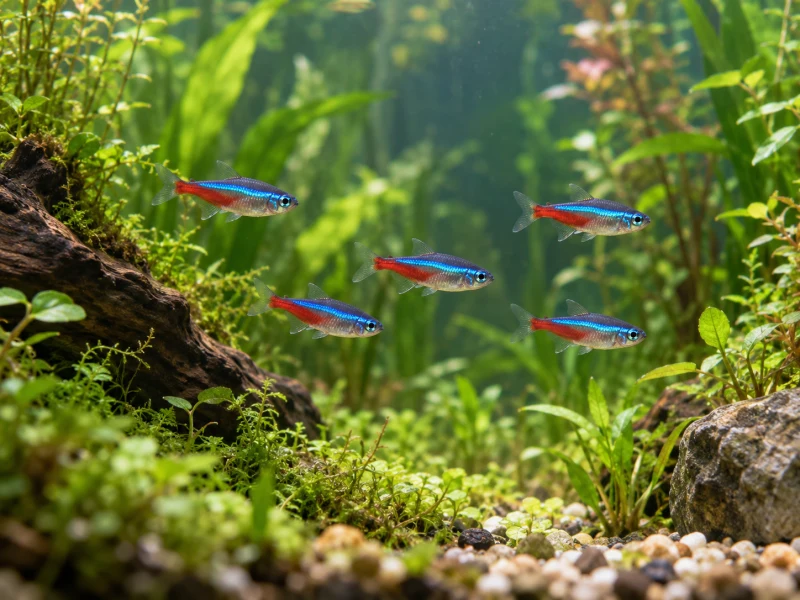 Whole small aquarium fish among plants illustrate Fluval Bug Bites food-choice planning.