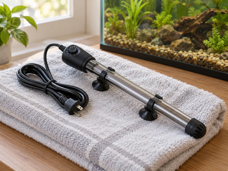 An unplugged generic glass aquarium heater illustrates inspection before installation.