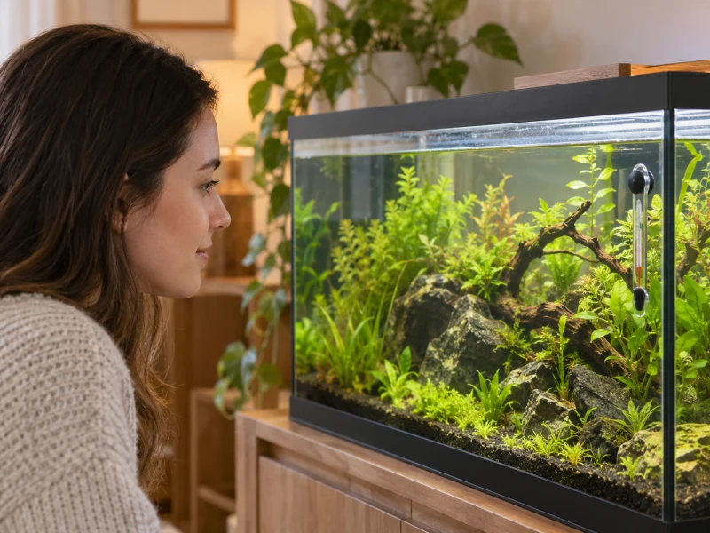 An adult observes an aquarium thermometer with hands outside the water.