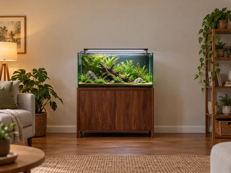 A planted aquarium illustrates room placement for a Fluval M Series heater.