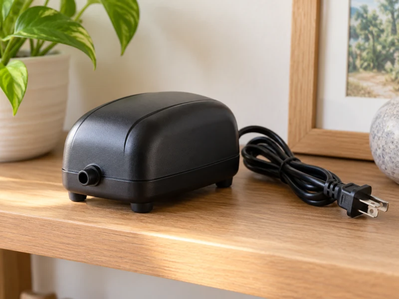 An unplugged generic air pump rests on a dry hard shelf.