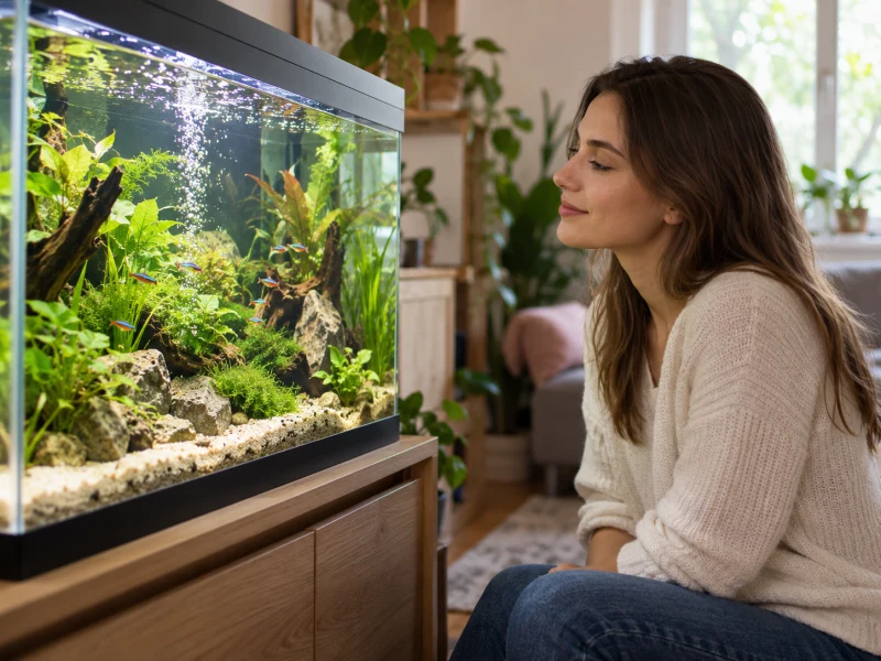 An adult observes bubbles in a planted aquarium from outside the glass.