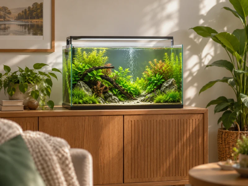A planted aquarium with gentle bubbles illustrates Fluval air pump planning.
