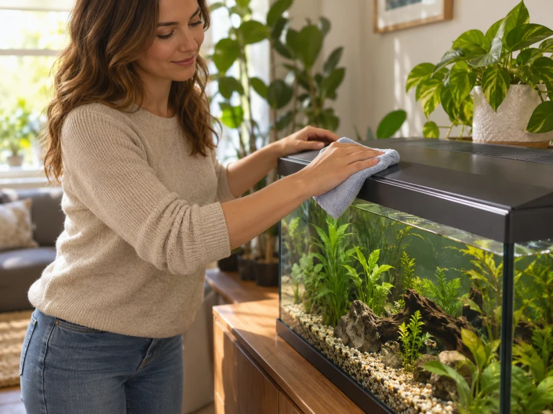 An adult wipes the dry exterior of a generic aquarium lid.
