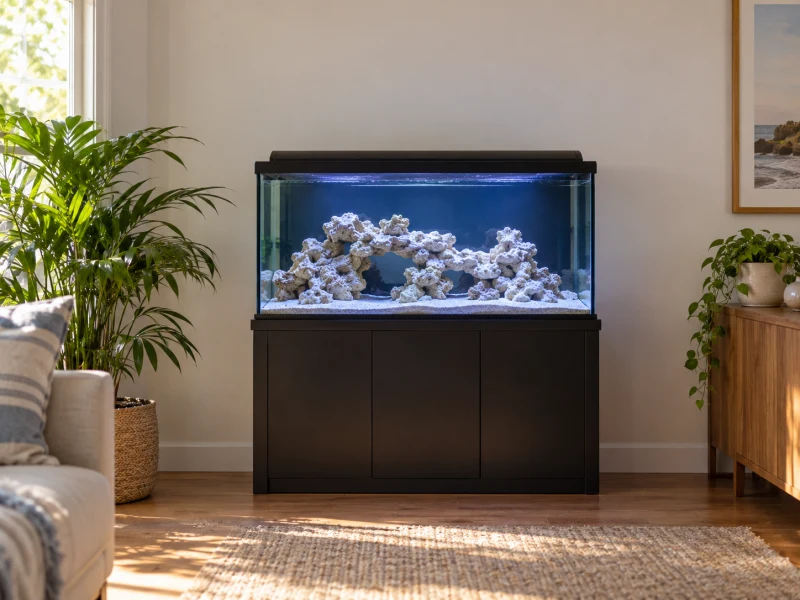 An unstocked marine aquarium illustrates Fluval Flex Marine kit planning.