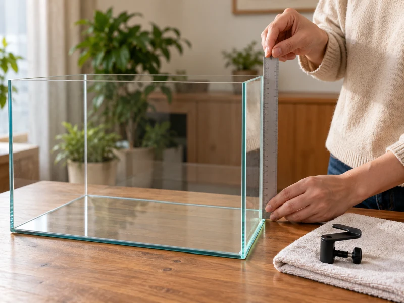 An adult checks the dry edge of an empty aquarium beside a generic loose bracket.