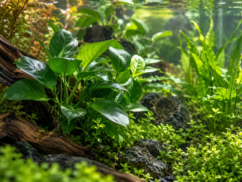 Aquatic leaves at several heights illustrate light and shadow within an aquascape.