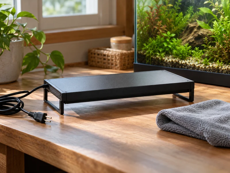 A dry unplugged generic aquarium lamp sits beside a soft cloth.