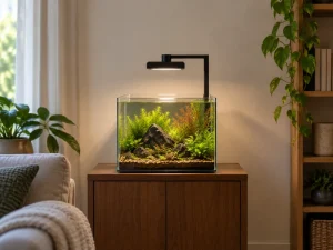 A small square lamp over a planted aquarium illustrates Fluval Nano plant light placement.