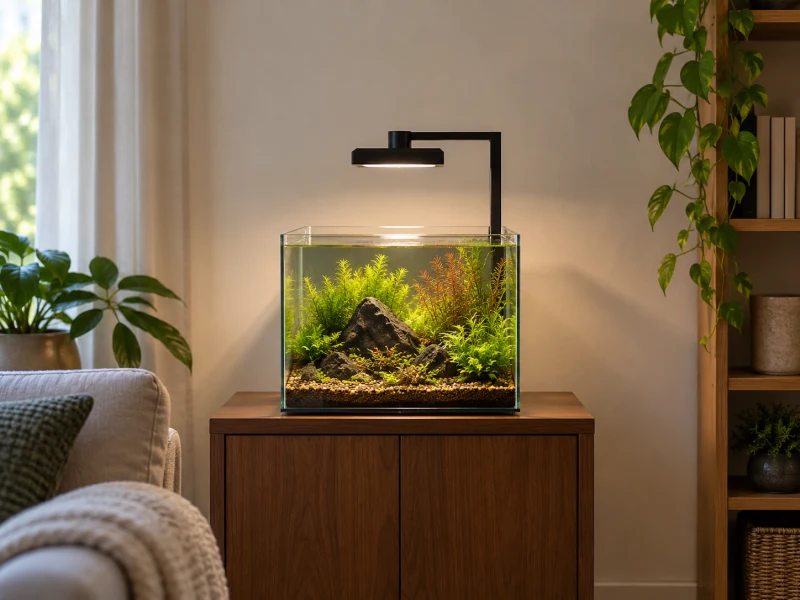 A small square lamp over a planted aquarium illustrates Fluval Nano plant light placement.