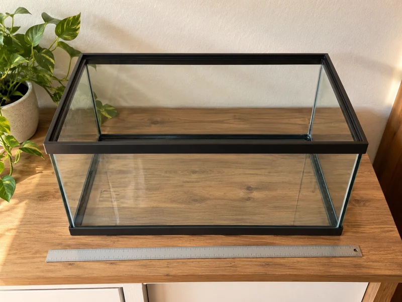An empty aquarium rim and separate ruler illustrate rear-clearance planning.