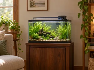 A planted aquarium with a generic rear-mounted filter illustrates Fluval C2 and C3 planning.