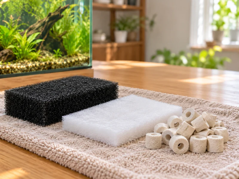 Separate generic foam, fine pad and ceramic rings illustrate different filter-media roles.
