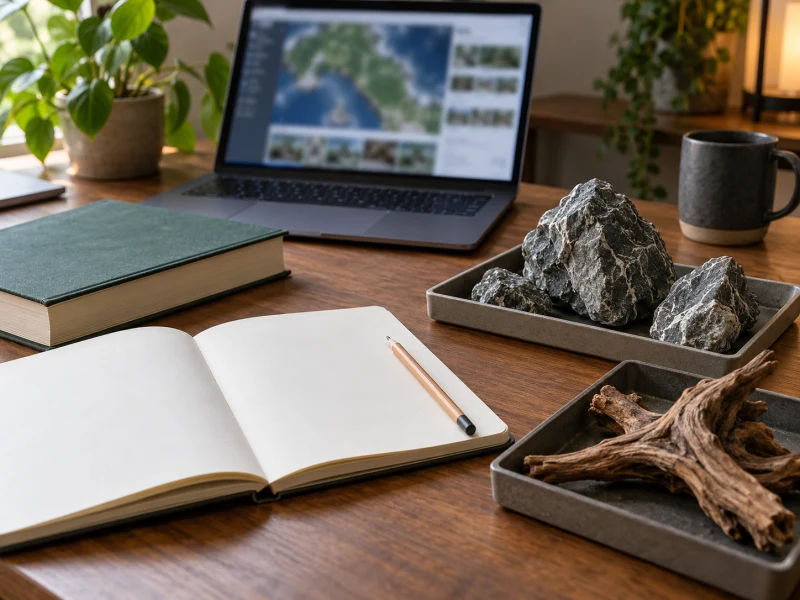 Reference reading, a blurred map and material samples for planning biotope aquariums.