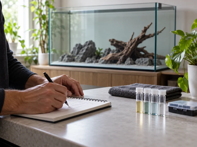 Hands write notes beside closed generic test vials with an unstocked aquarium behind.