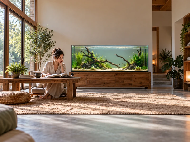Biotope aquariums planning illustrated by a woman reading beside an unstocked freshwater layout.