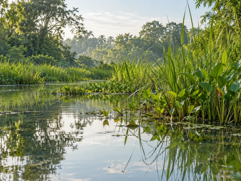 A generic vegetated freshwater margin illustrates habitat context in betta fish history.