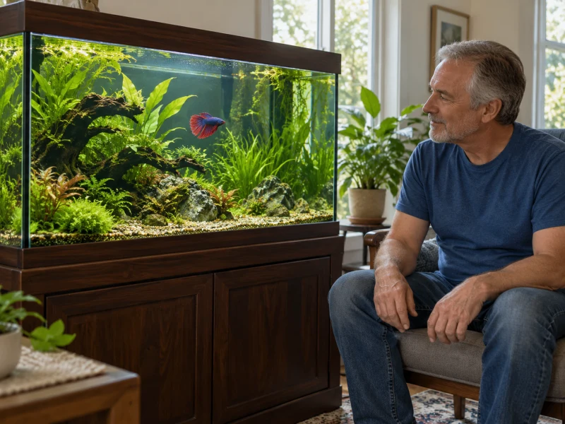 An adult observes one ornamental betta in a planted home aquarium.