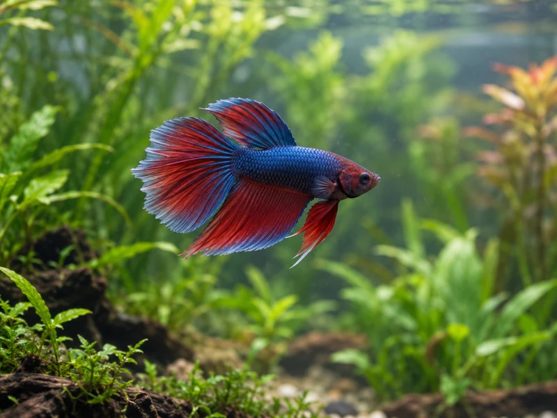 A modern ornamental betta with red and blue flowing fins illustrates betta fish history.
